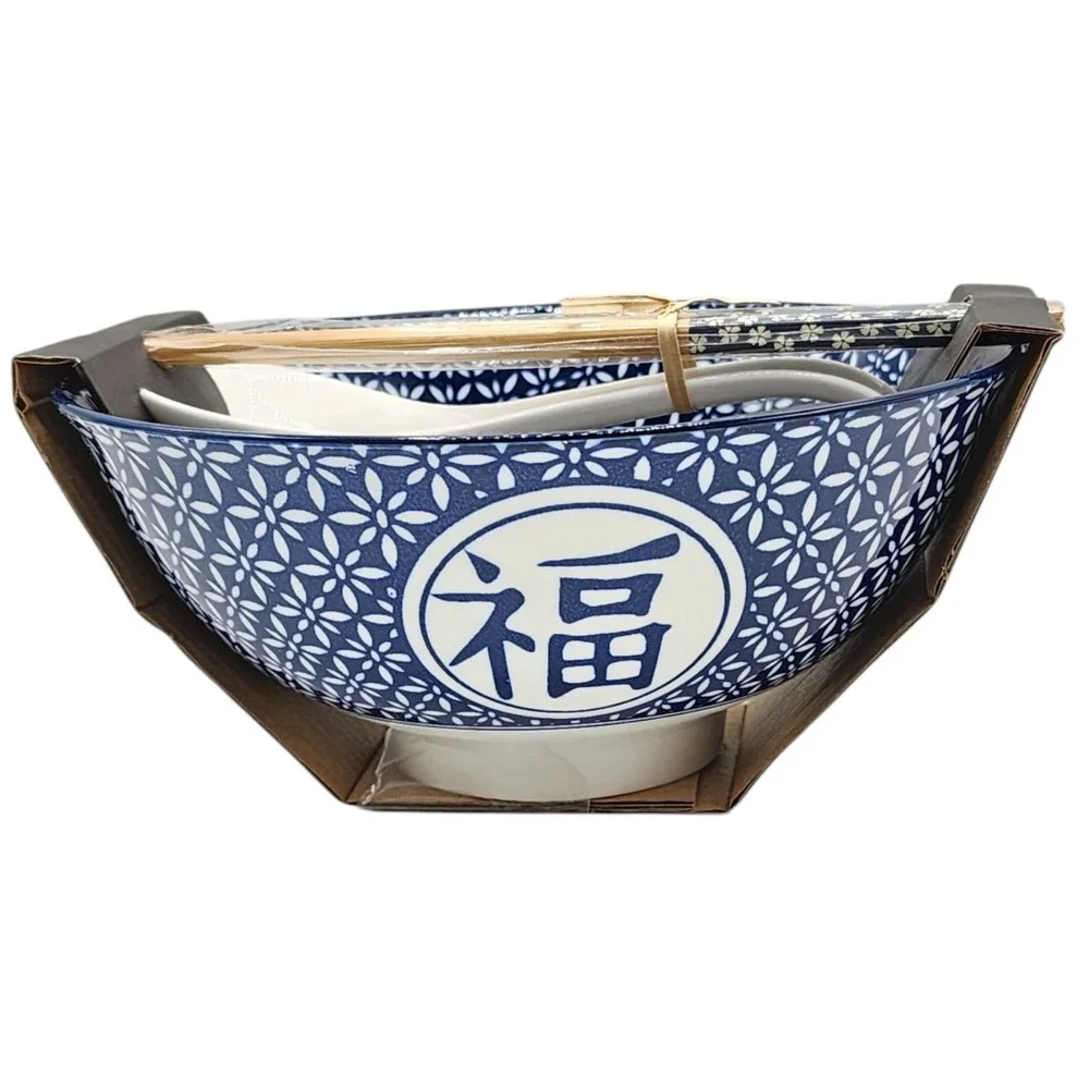 SH Home Blue Fu Floral Ceramic Ramen Noodle Bowl 42oz With 2 Chopstick And Spoon